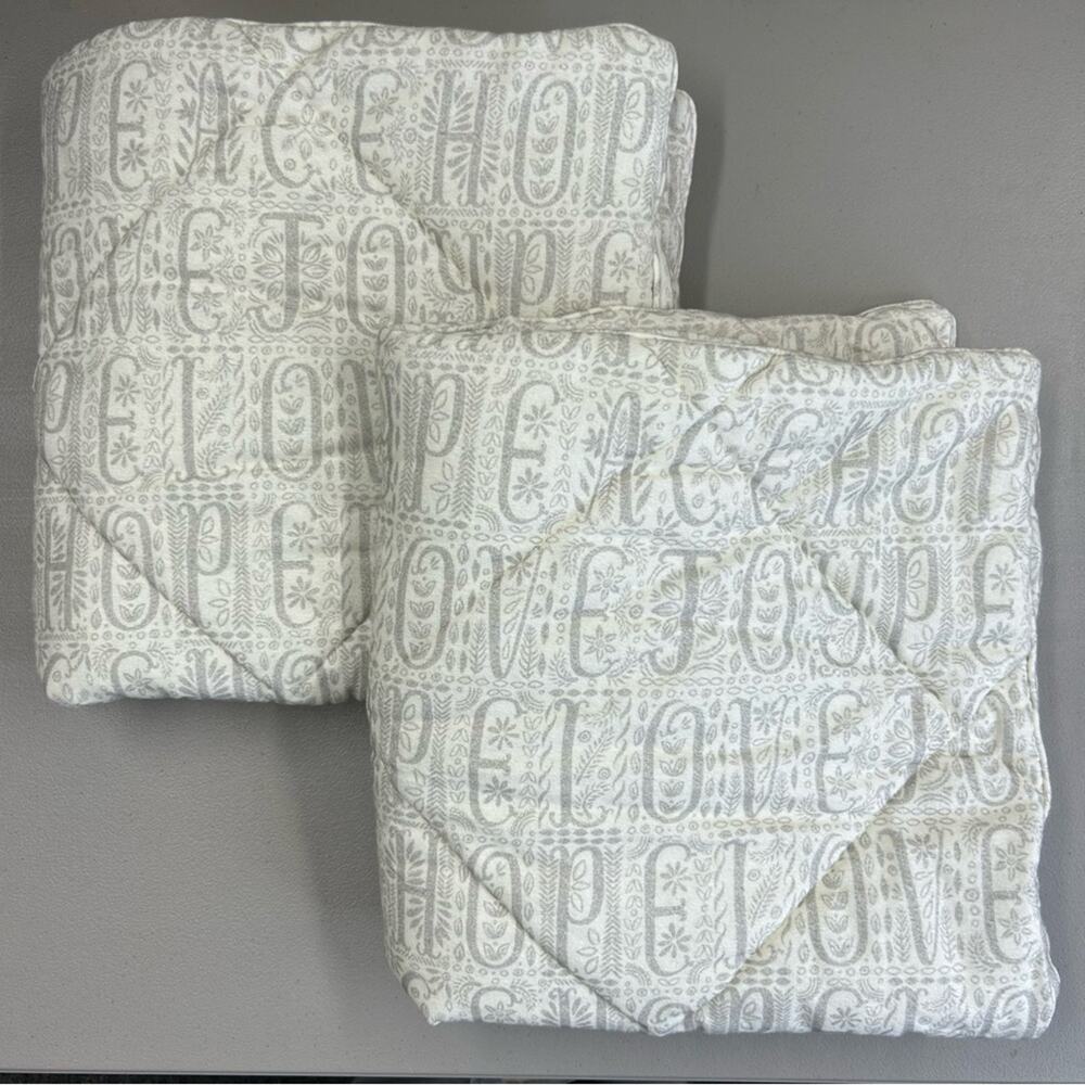 2 Pottery Barn Euro Sham Pillow Cover IDS Love Peace on Earth White Gray NEW